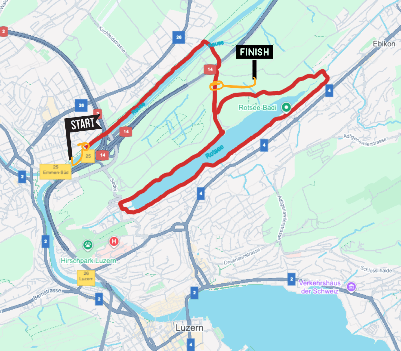 Streckenkarte Bombaclan Lauf — 10 km rund um den Rotsee